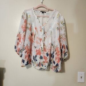 Floral Blouse 2X Orange Watercolor Romantic Spring Summer 3/4 Quarter Sleeves